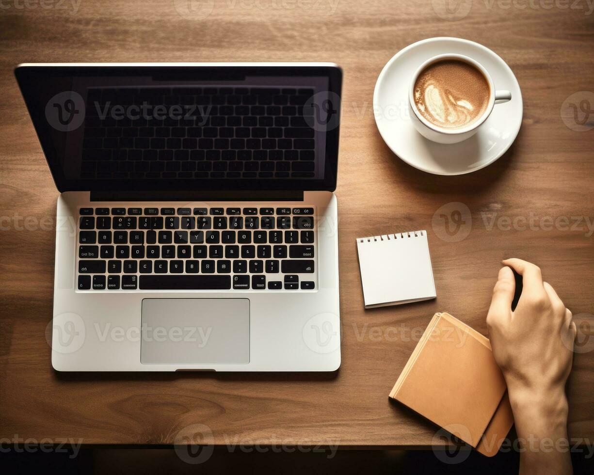 AI generated laptop phone pen and coffee on a rustic wooden board, business meeting image photo