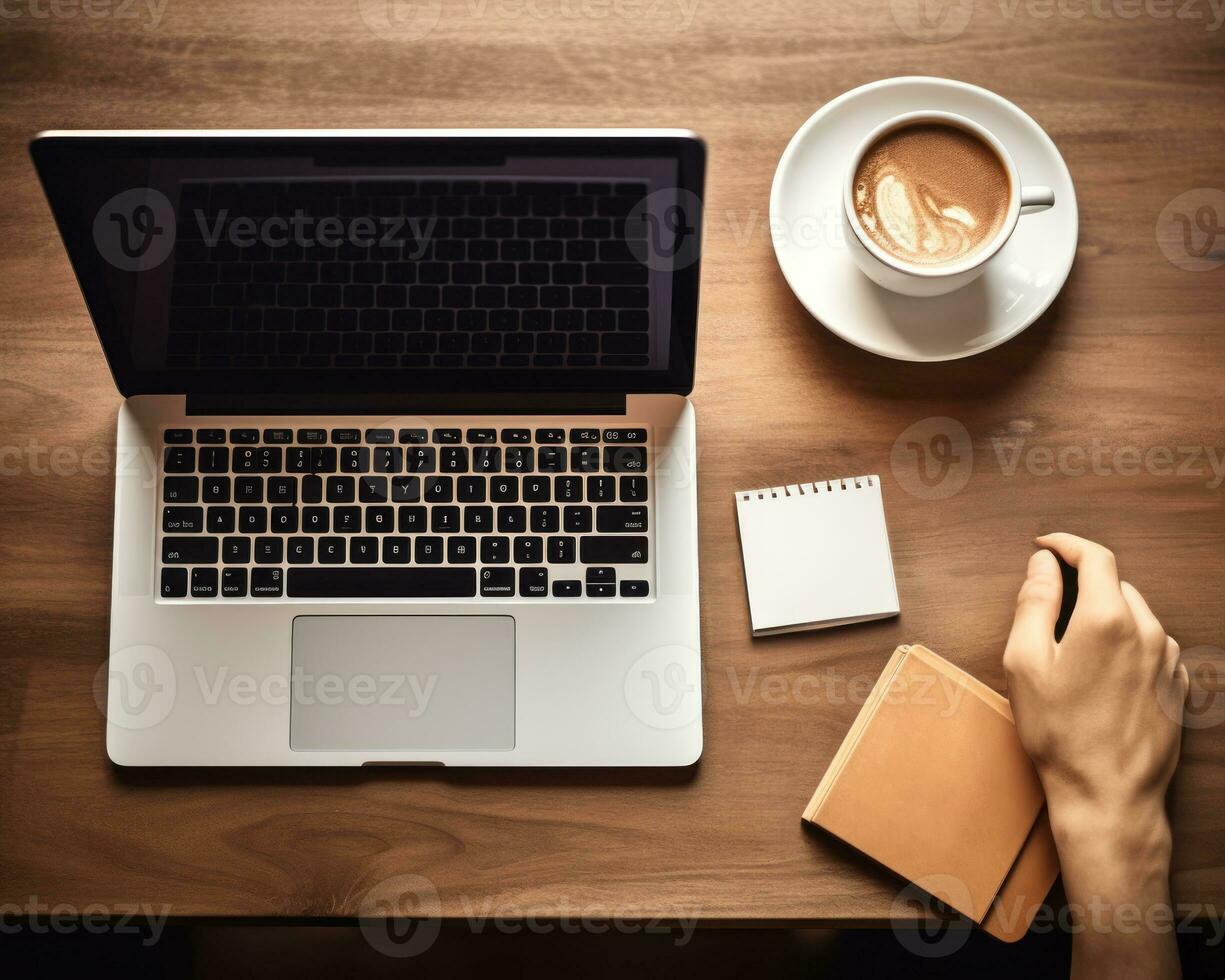 ai generado ordenador portátil teléfono bolígrafo y café en un rústico de madera junta, negocio reunión imagen foto