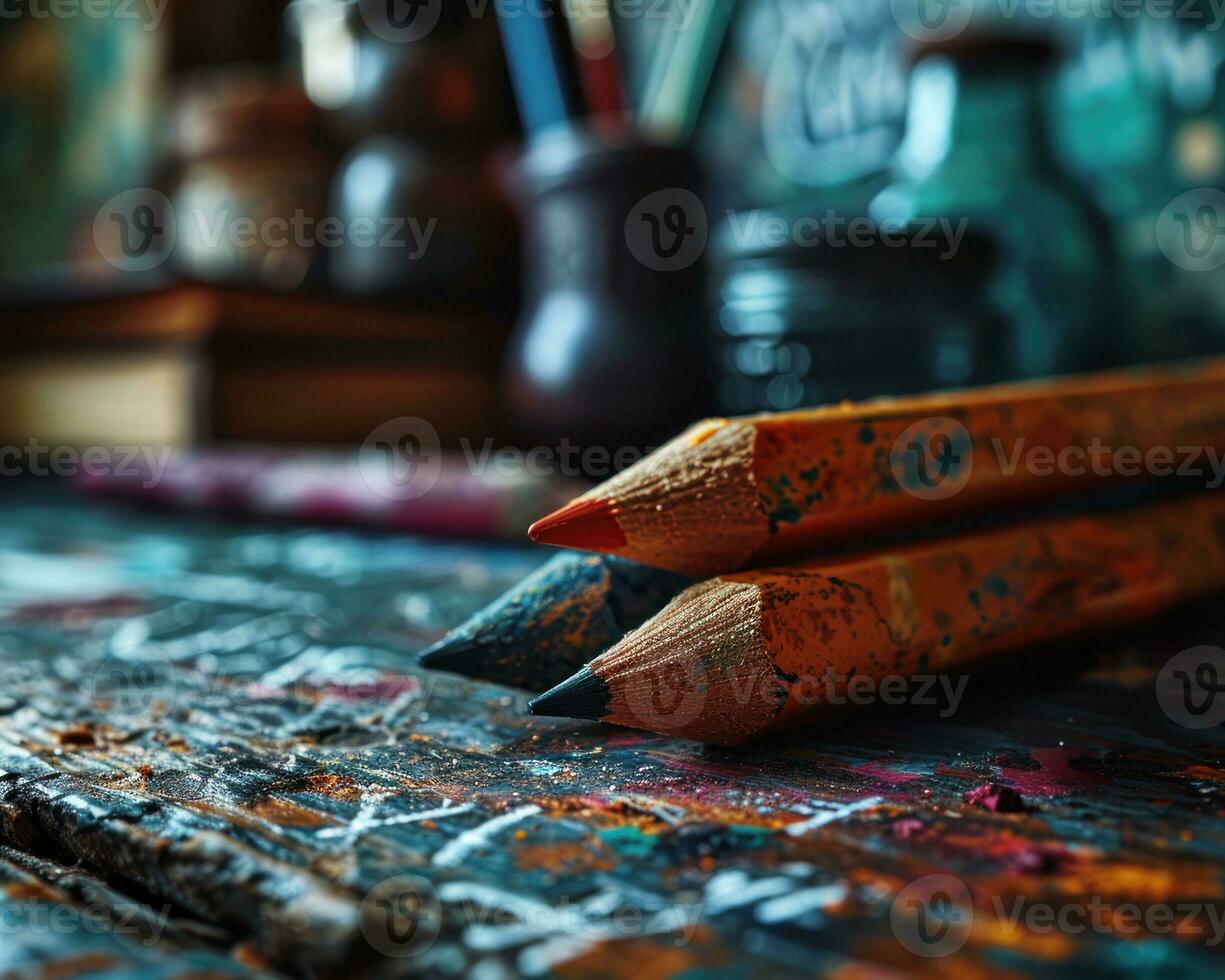 AI generated Two pencils and an array of colored markers near a chalkboard, educational photo