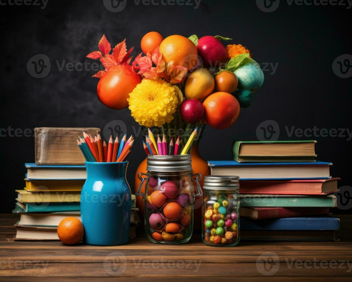 AI generated Books and colorful pencils on a chalkboard, education pictures for website photo