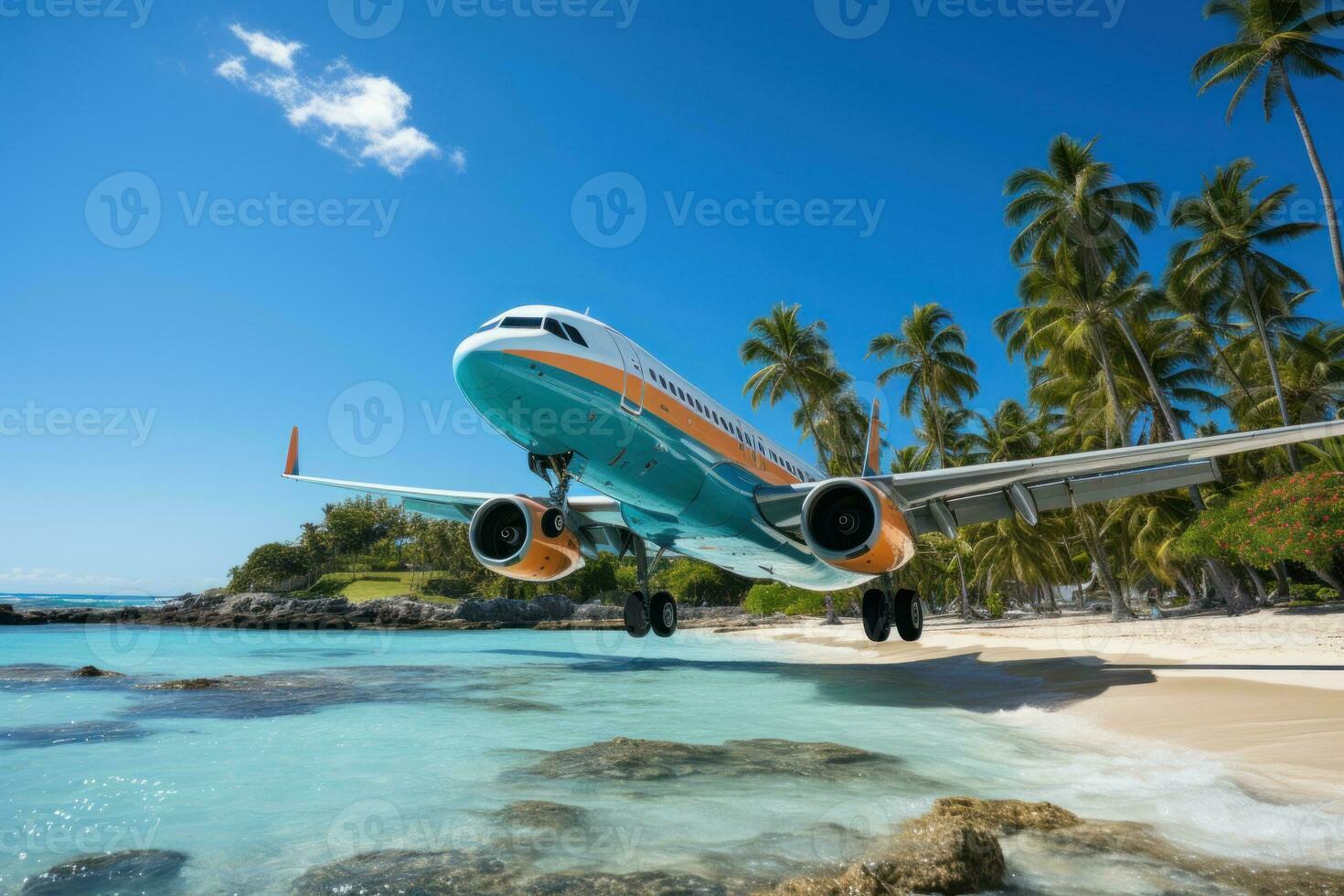 ai generado avión deslizamiento terminado idílico blanco playa con palma frondas, mejor verano imagen foto