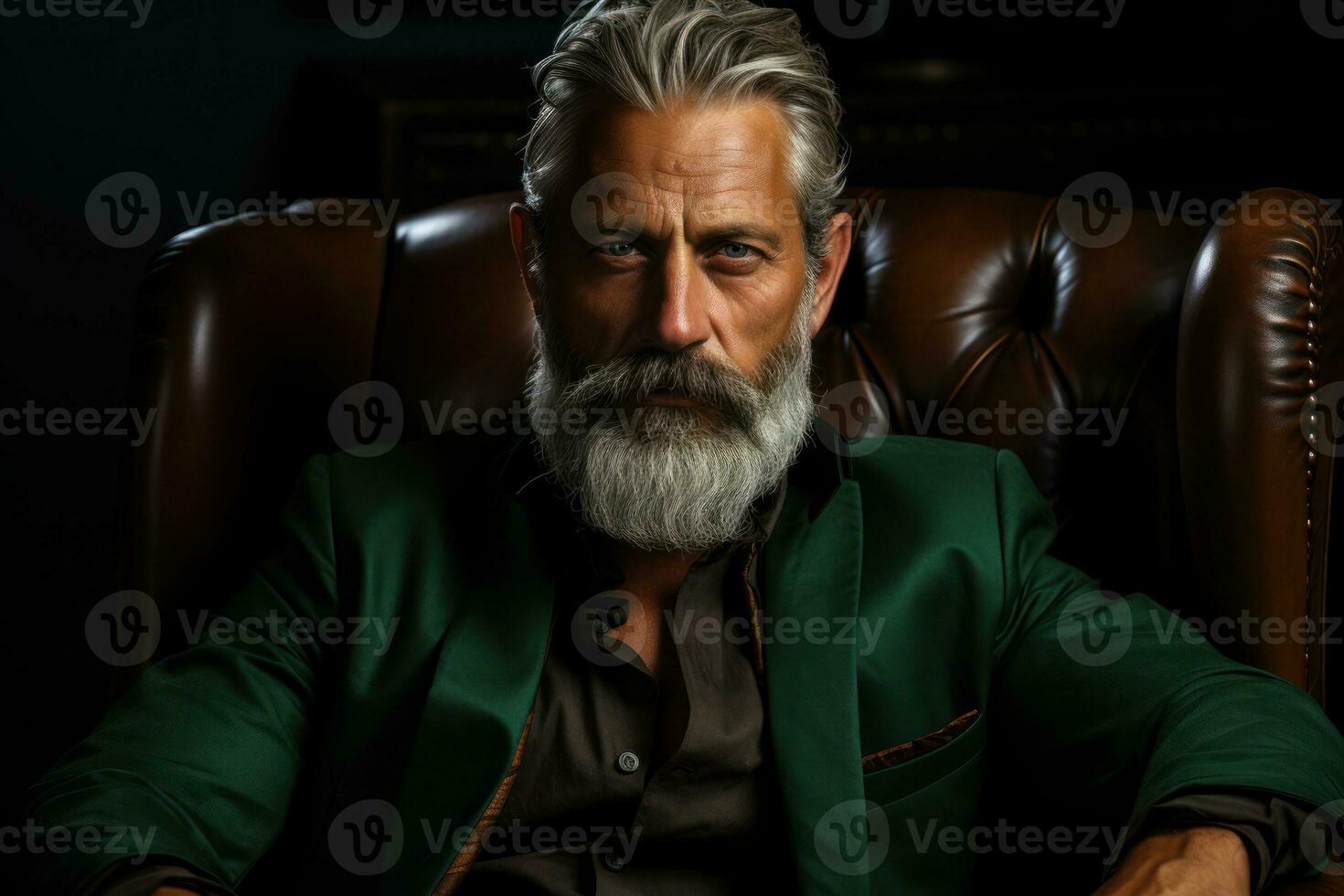 AI generated Bearded senior man in seated pose, happy active seniors images photo
