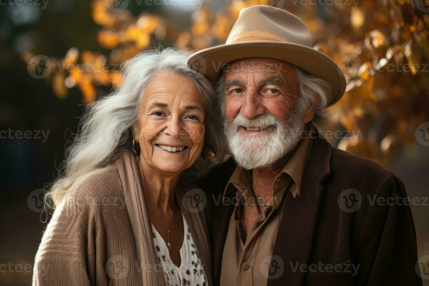 AI generated Smiling seniors in the autumn glow, active seniors lifestyle images photo