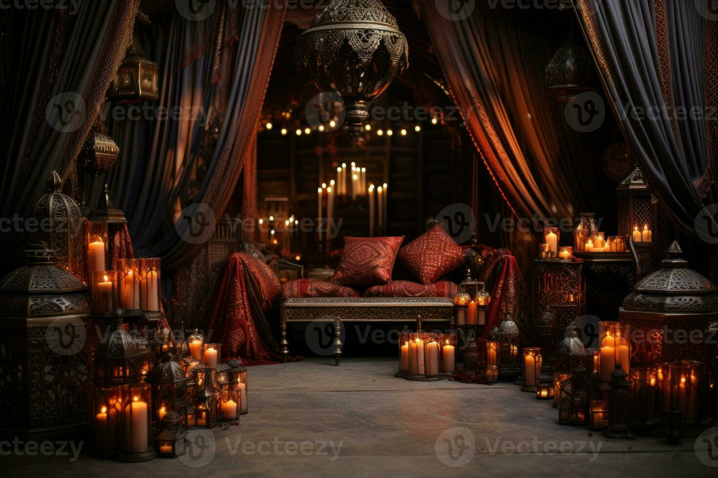 AI generated Bohemian tent illuminated by candlelit lanterns, valentine, dating and love proposal image photo