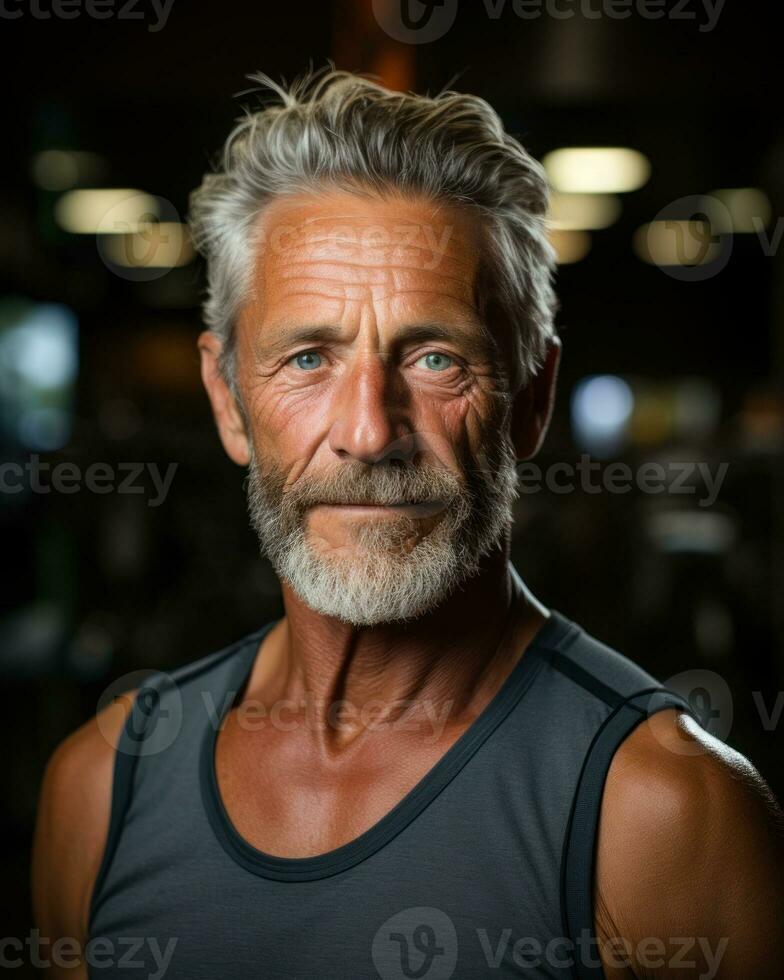 AI generated Senior gentleman focused on gym, happy active seniors images photo