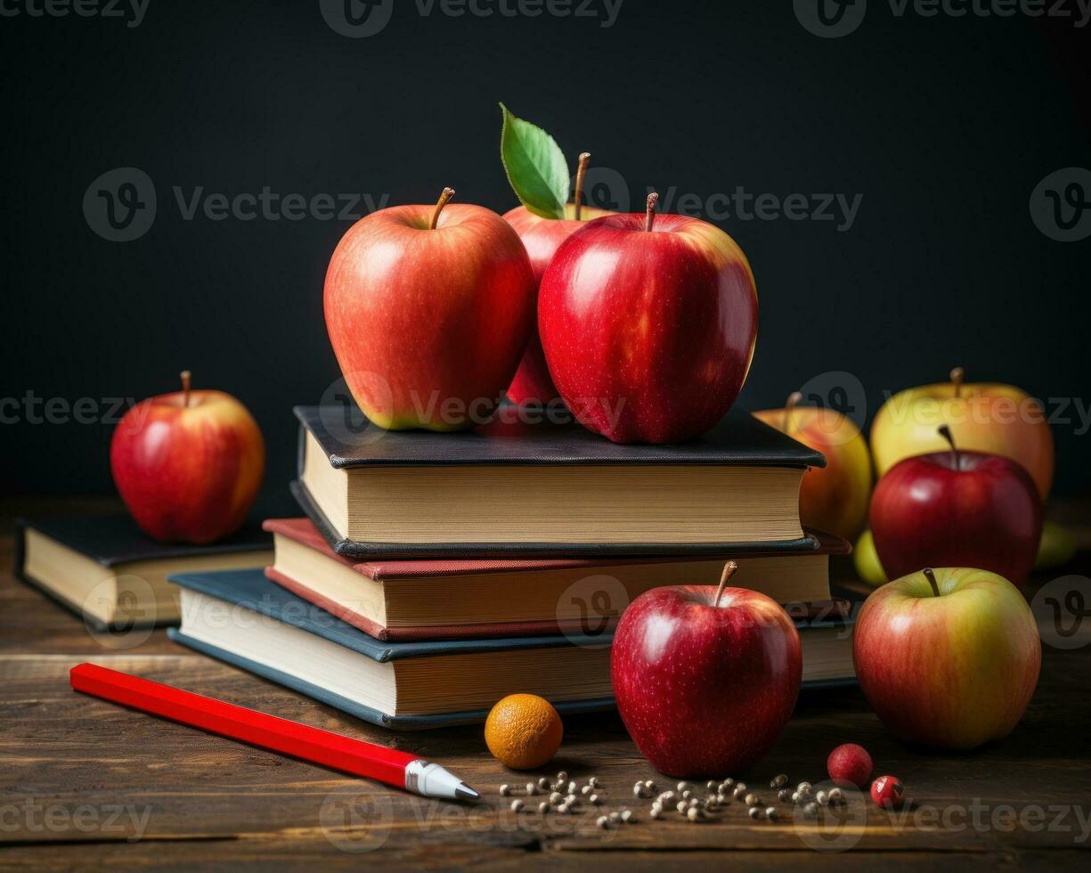 AI generated A book with a red apple and pencils arranged neatly on a blackboard, education pictures for website photo