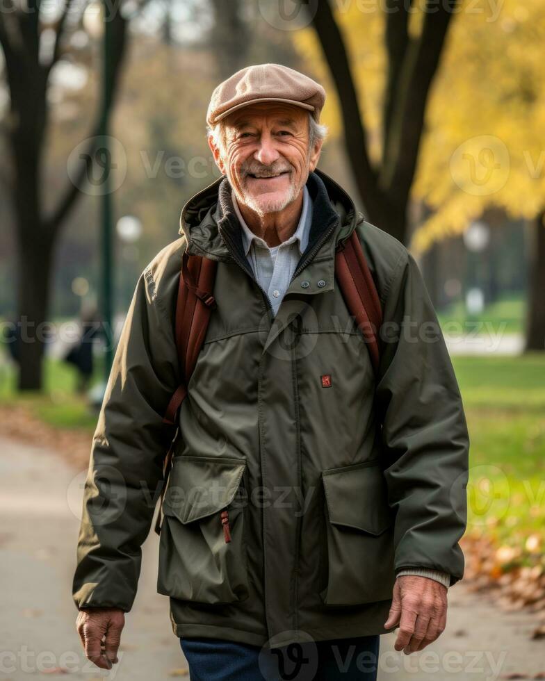 AI generated Park stroll of an elderly man, active seniors lifestyle images photo