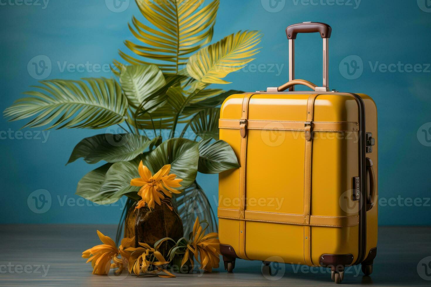 AI generated Yellow suitcase and tropical leaf creating a summer fantasy, best summer image photo