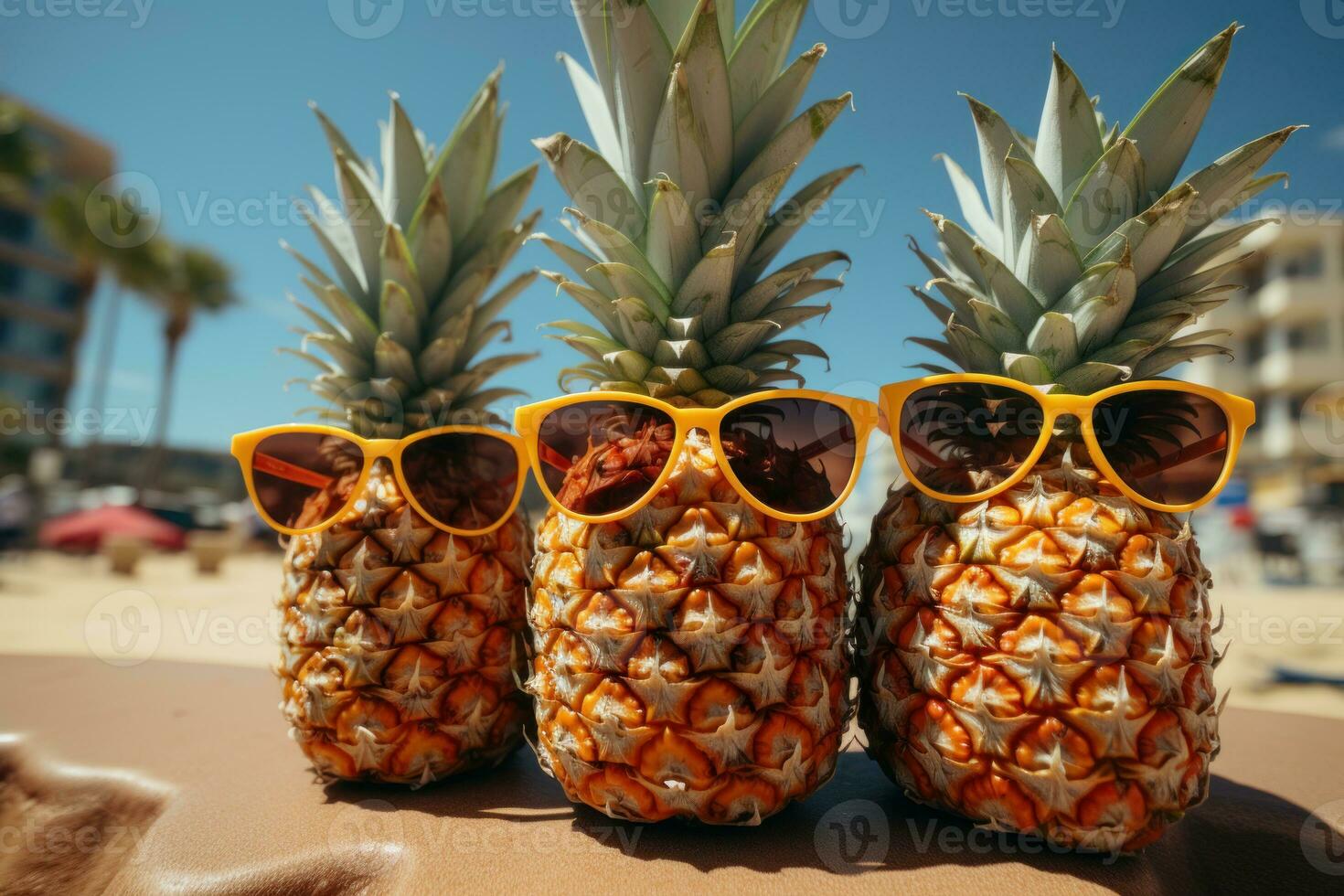 AI generated Three pineapples friends in shades against a yellow sky, summer season nature image photo