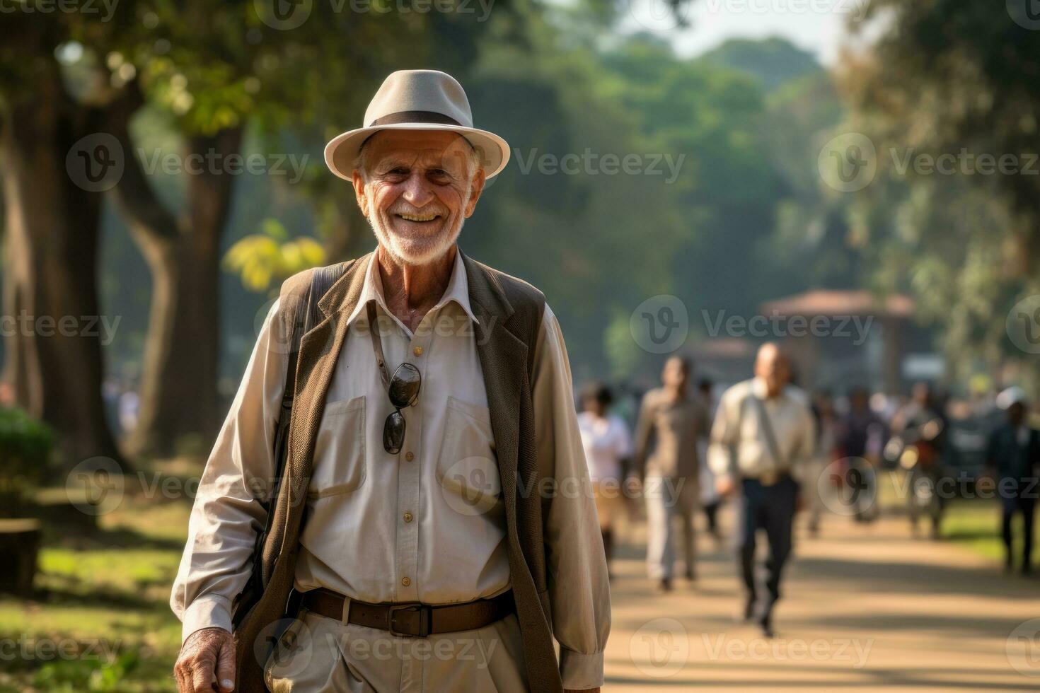 AI generated An elderly man park walk, happy active seniors images photo