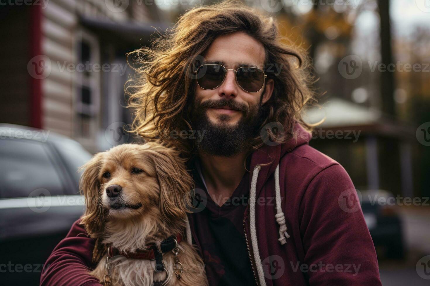 AI generated A bearded man holds a dog in his arms in a heartwarming photo, pet photo