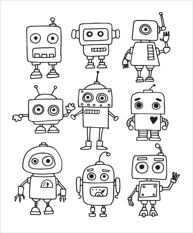 vector drawing in doodle style. set of cute robots. children's line drawing. funny robots