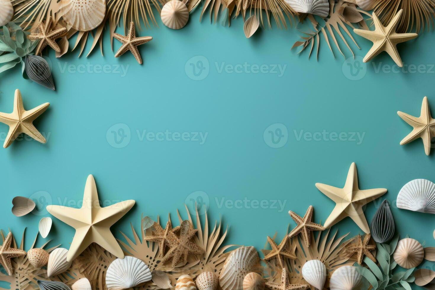 AI generated Star shell emerald sea shell and paper palm tree by the ocean, relaxing summer scene photo