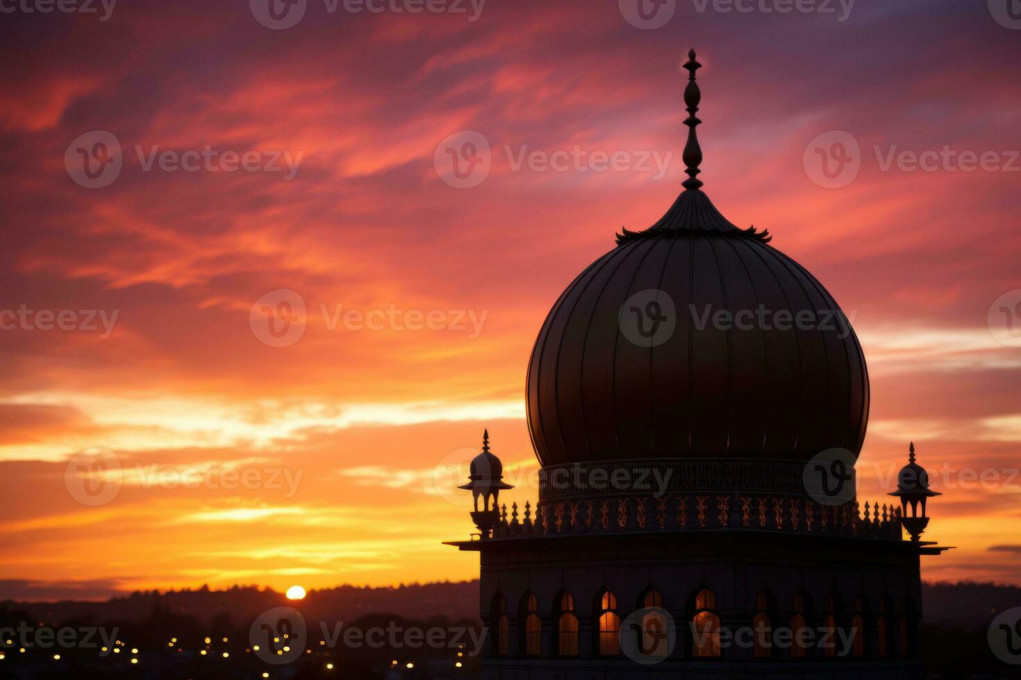 AI generated The detailed silhouette of a mosque dome against a colorful evening sky, eid and ramadan images photo