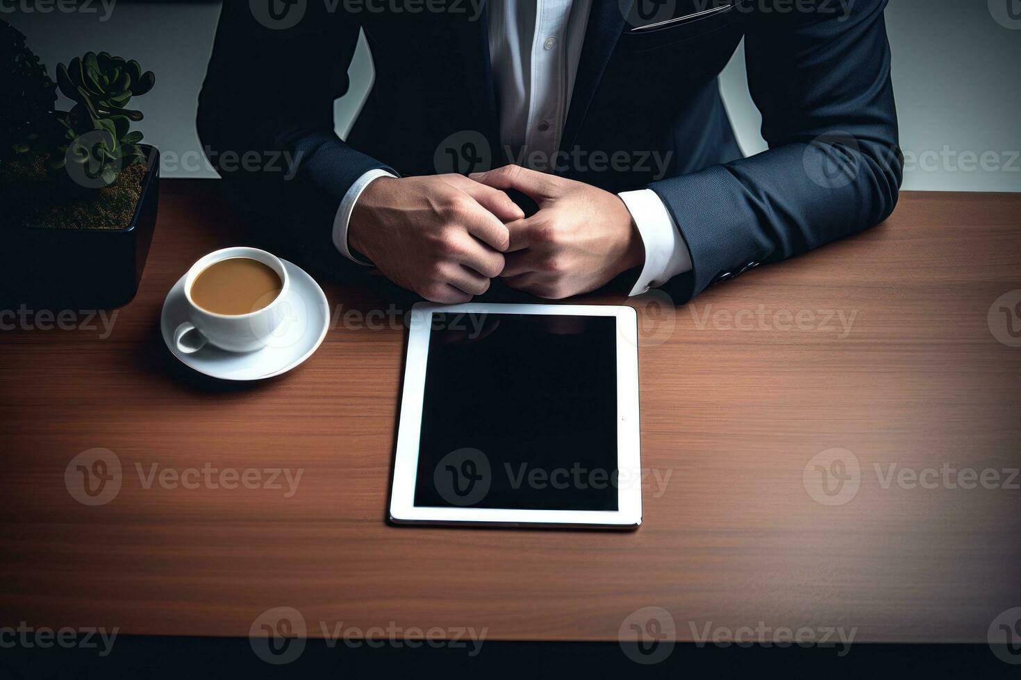 AI generated Businessman transferring information via tablet, business meeting image photo