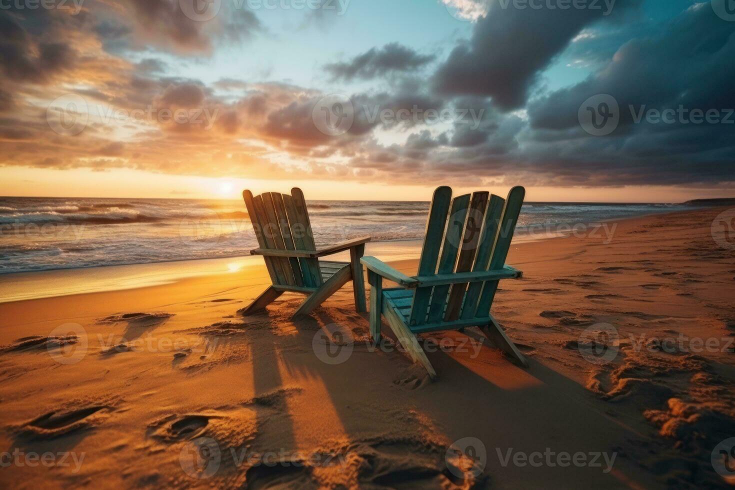 ai generado dos cubierta sillas por el puesta de sol playa, amanecer y puesta de sol fondo de pantalla foto