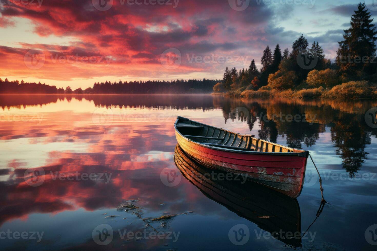 AI generated Reflection peaceful lake and rowboat at sunrise, sunrise and sunset wallpaper photo