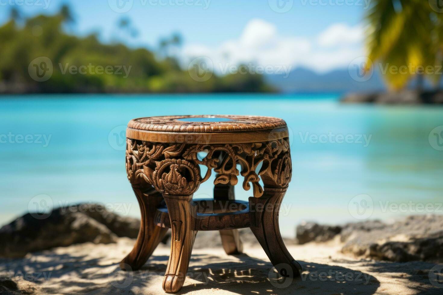 AI generated Stool framing a relaxing beach scene with palms, beautiful summer photo