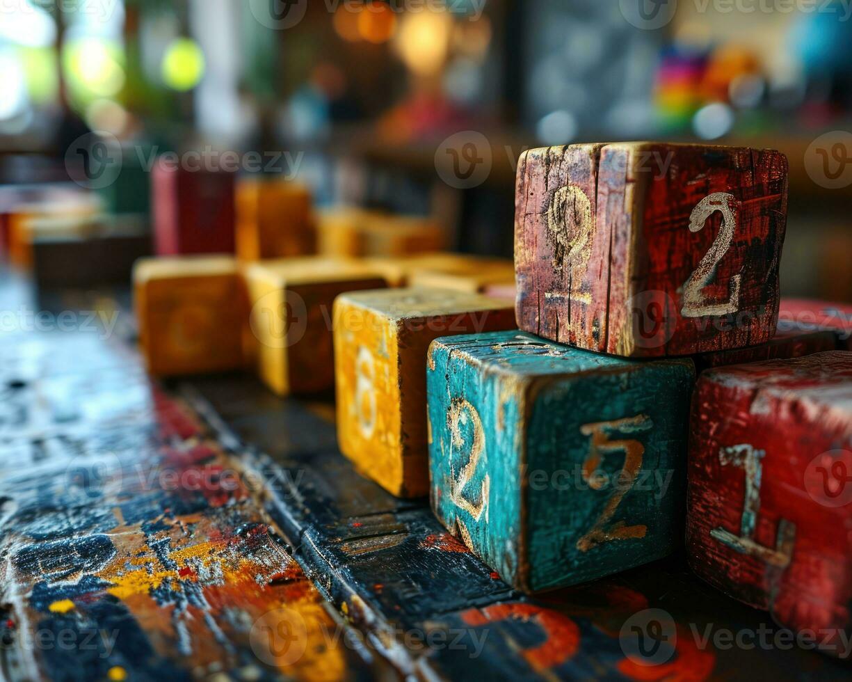 AI generated Cheerful wooden blocks and numbers gathering around a blackboard for learning fun, diverse education and teachers day image photo