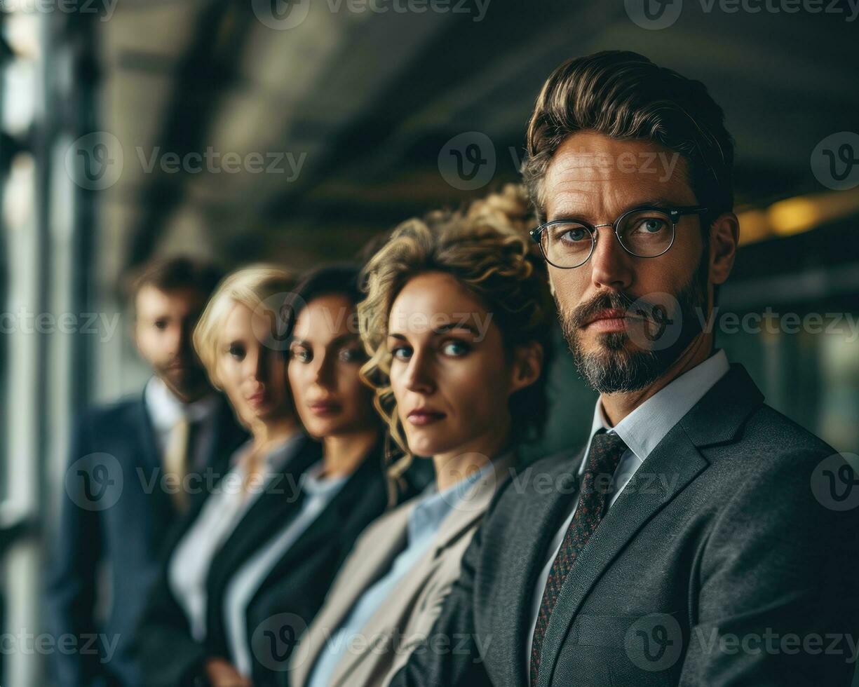 AI generated United business professionals standing in a group, formal business meeting image photo