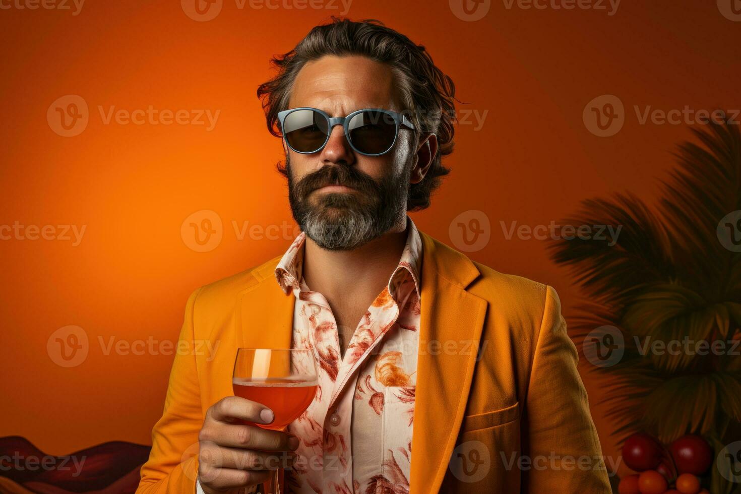 AI generated Gentleman with glasses savoring a tropical beverage, relaxing summer scene photo