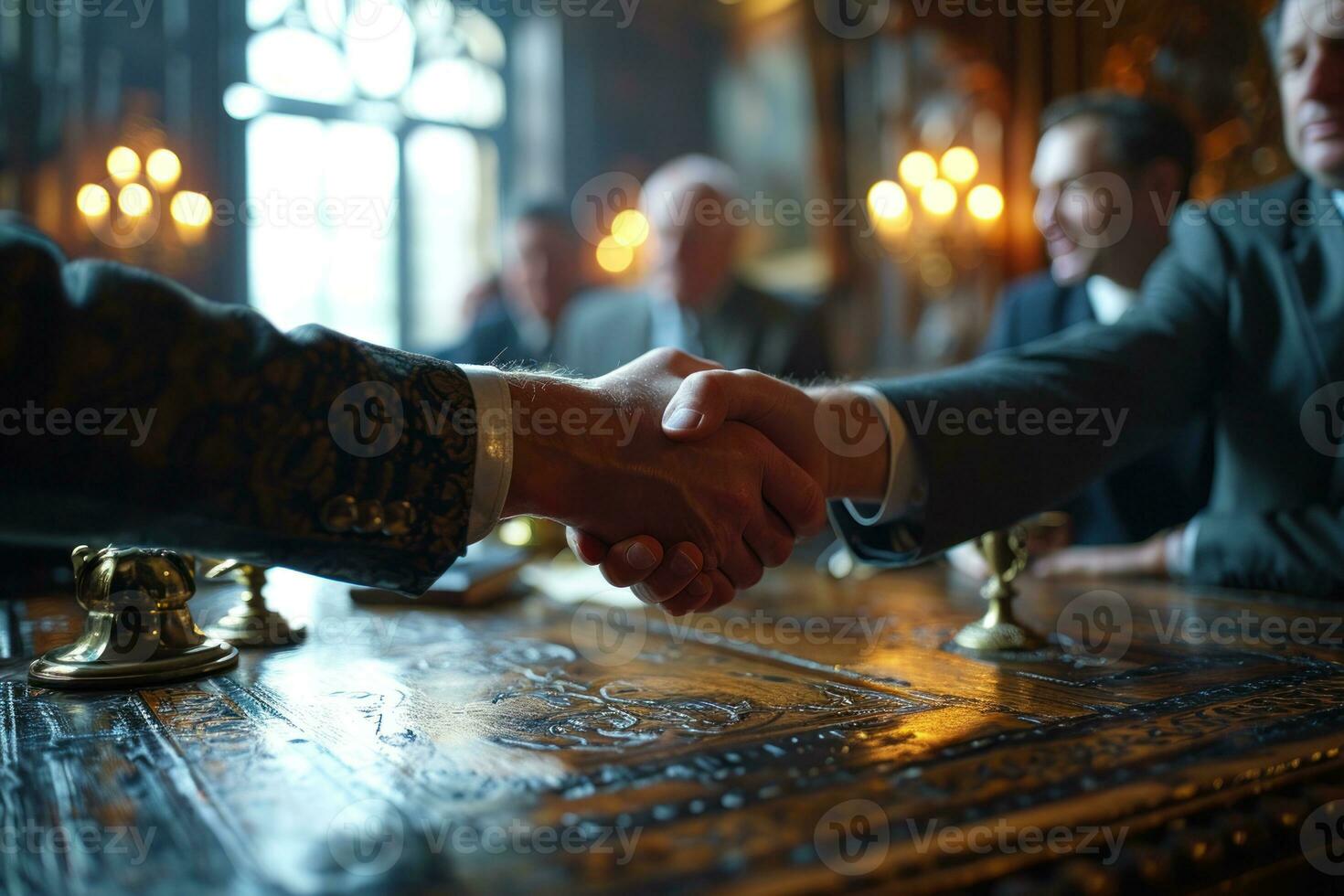 AI generated A group of professionals sealing the deal with handshakes and unity, business meeting image photo
