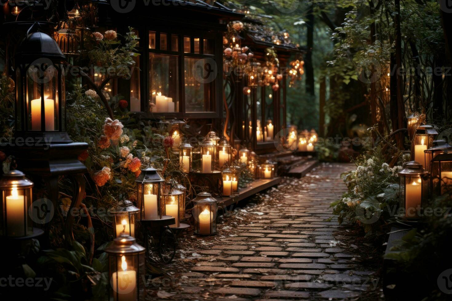 AI generated Magical pathway illuminated by flickering glass lanterns, valentine, dating and love proposal image photo