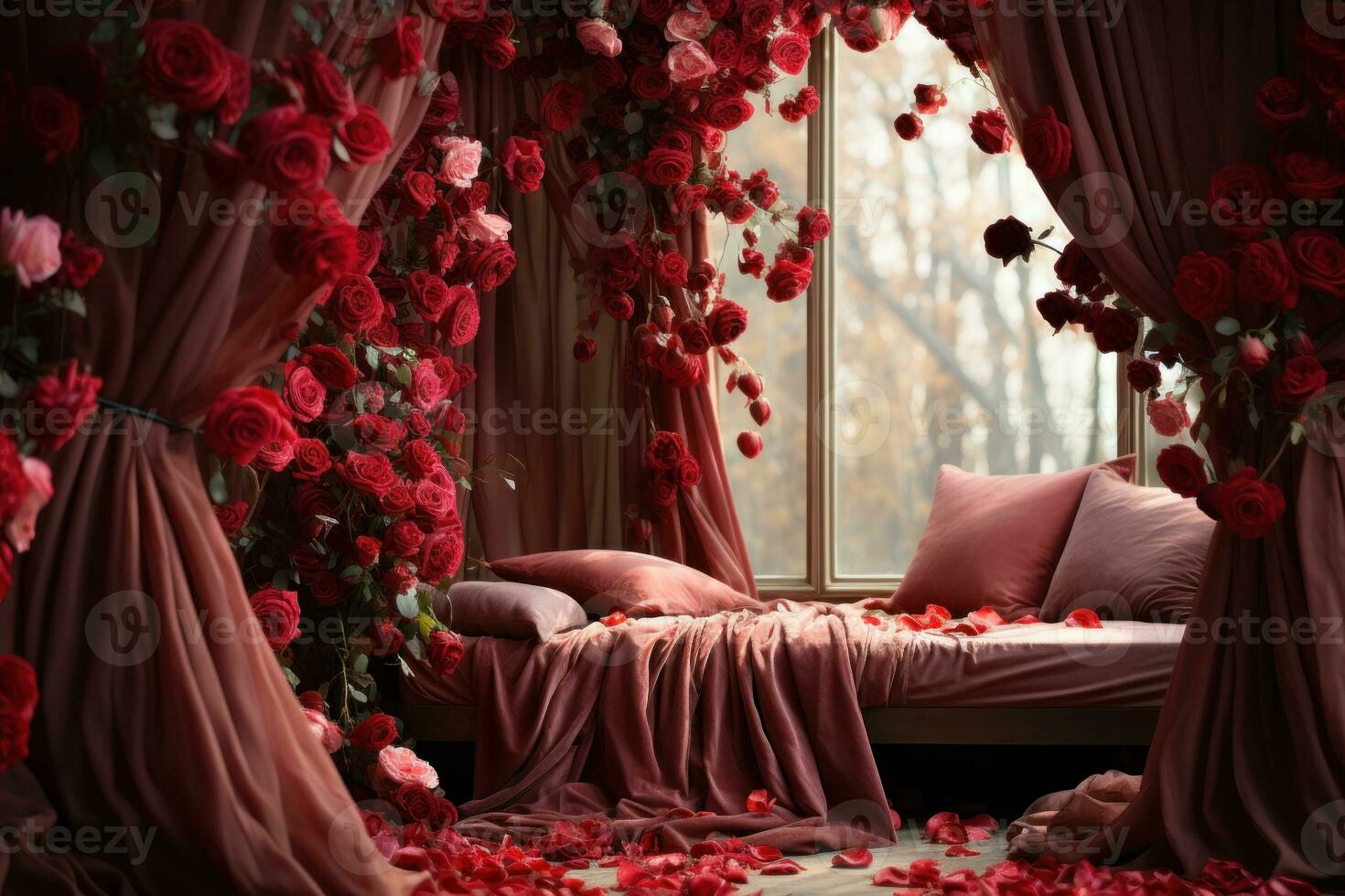AI generated Red roses form a sensuous canopy transforming a bed into a romantic haven, valentine, dating and love proposal image photo