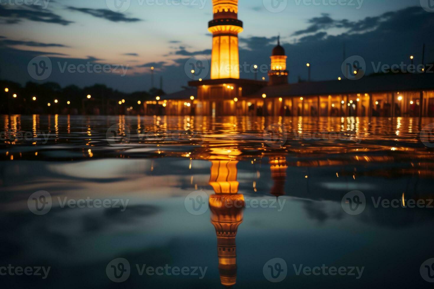 ai generado mezquita alminar silueta reflejando en calma aguas a oración tiempo, eid y Ramadán imágenes foto
