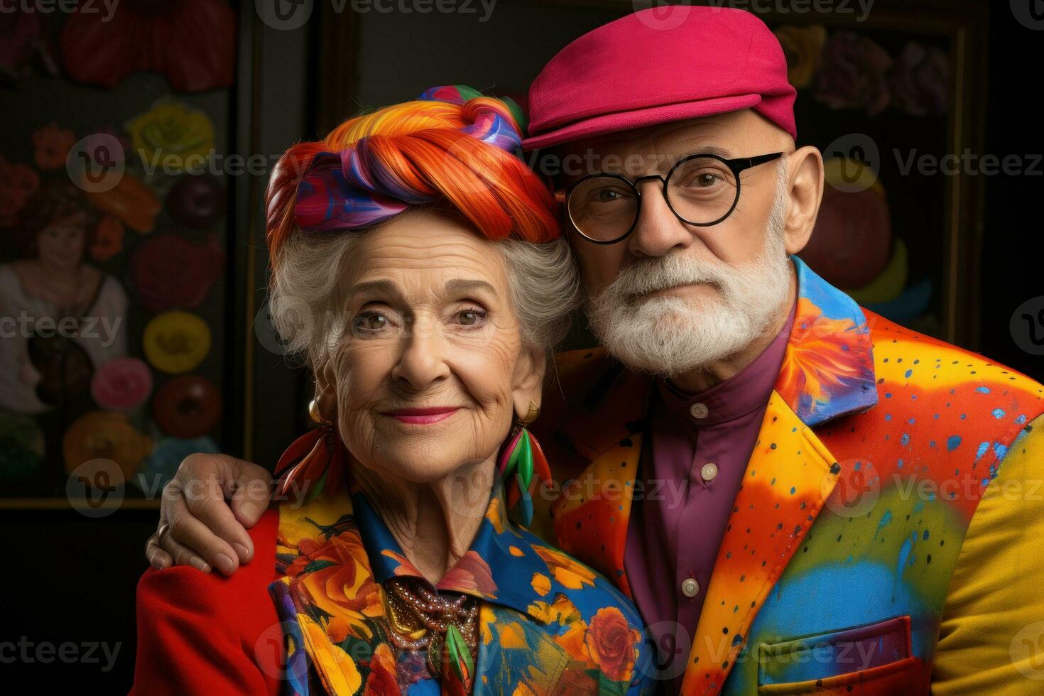 AI generated Older lady and gentleman in vibrant attire, happy active seniors images photo