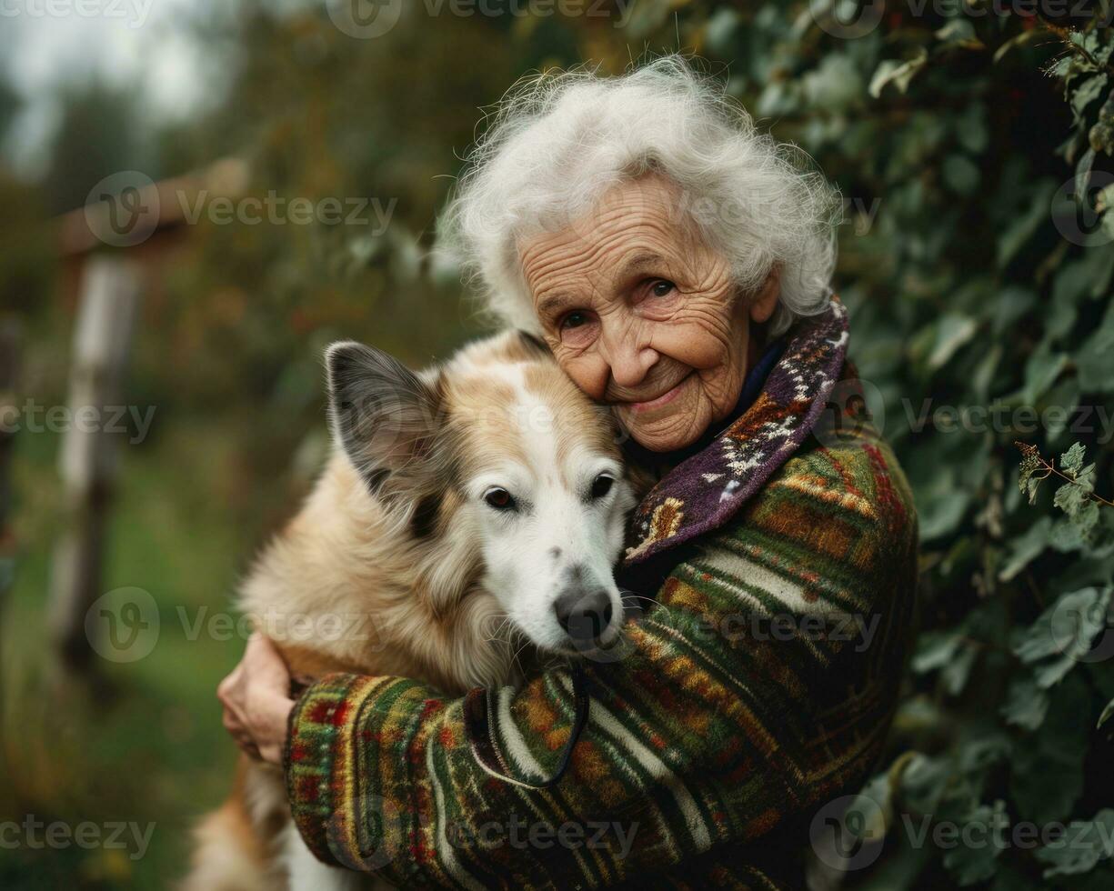 AI generated Elderly lady hugs her dog outdoors, pet photography photo