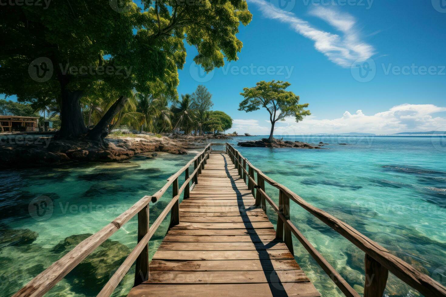 ai generado sobre el agua de madera camino guías usted a un tropical playa retiro, relajante verano escena foto