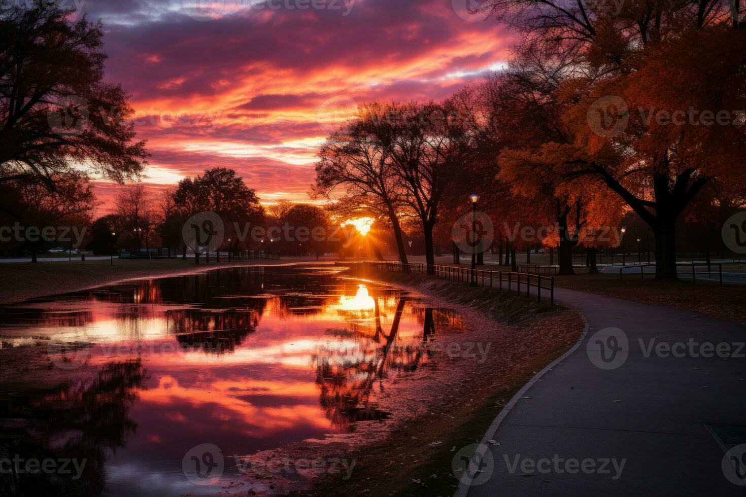 AI generated Colorful sky reflection in city park, sunrise and sunset wallpaper photo