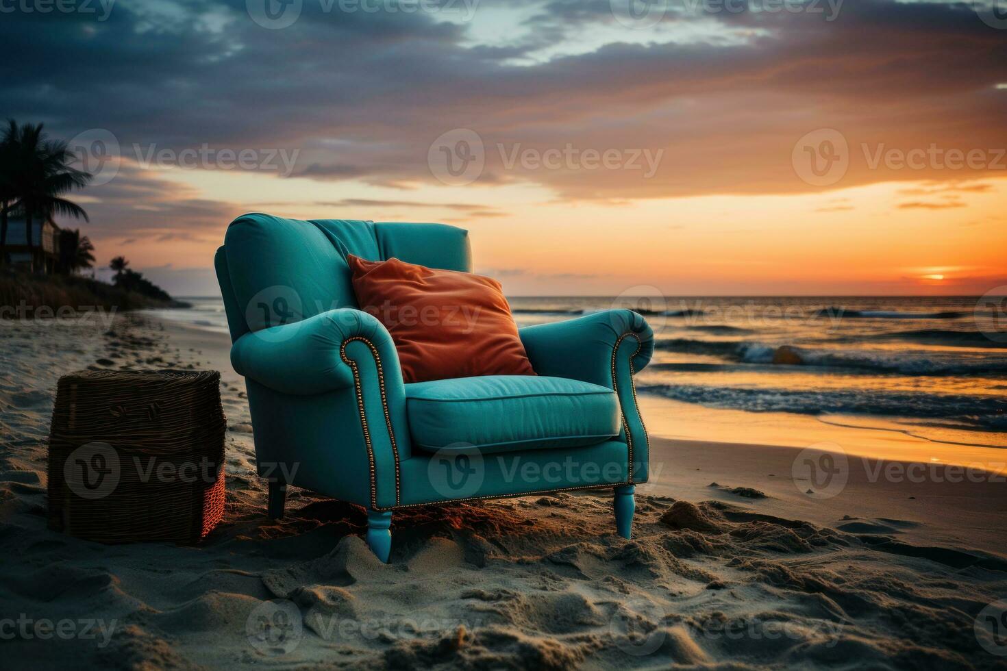ai generado puesta de sol ver con un elegante azul salón silla en alta definición, verano temporada naturaleza imagen foto