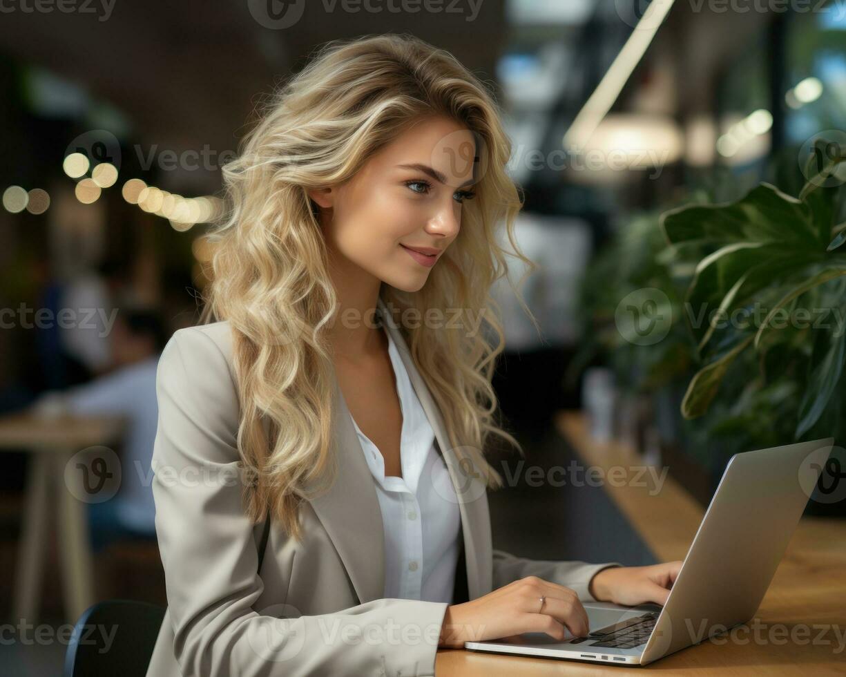 AI generated An industrious woman in business attire using a laptop at her desk, formal business meeting image photo