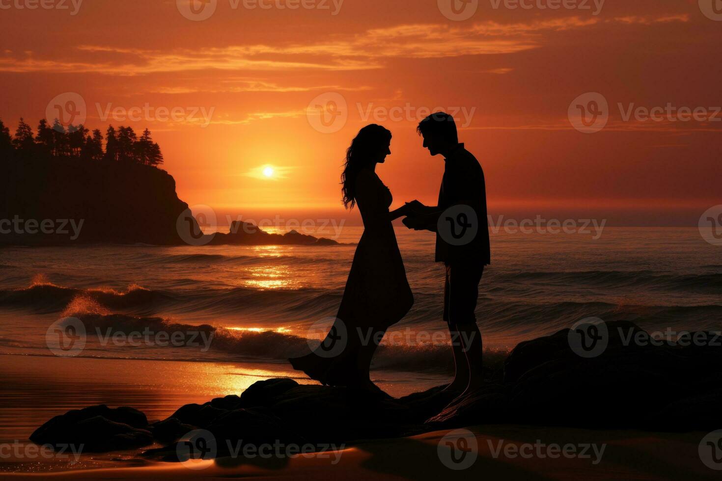 ai generado un silueta propuesta en un tranquilo playa a atardecer, enamorado, Fechado y amor propuesta imagen foto