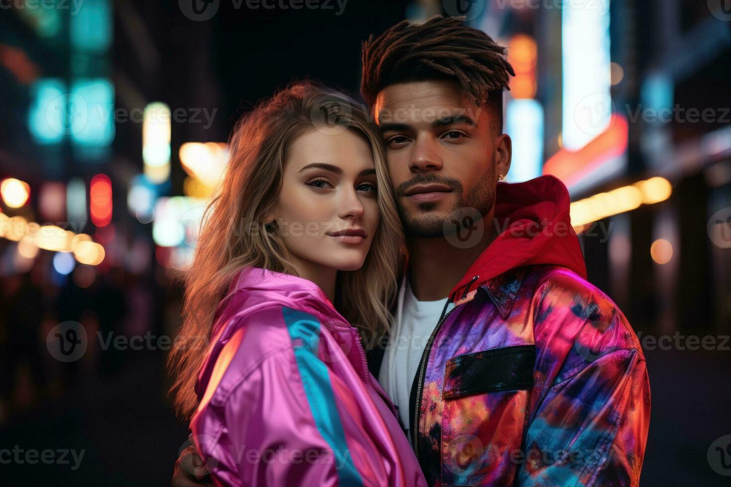 ai generado un Pareja en de moda trajes en contra un fondo de deslumbrante neón ciudad luces, enamorado, Fechado y amor propuesta imagen foto