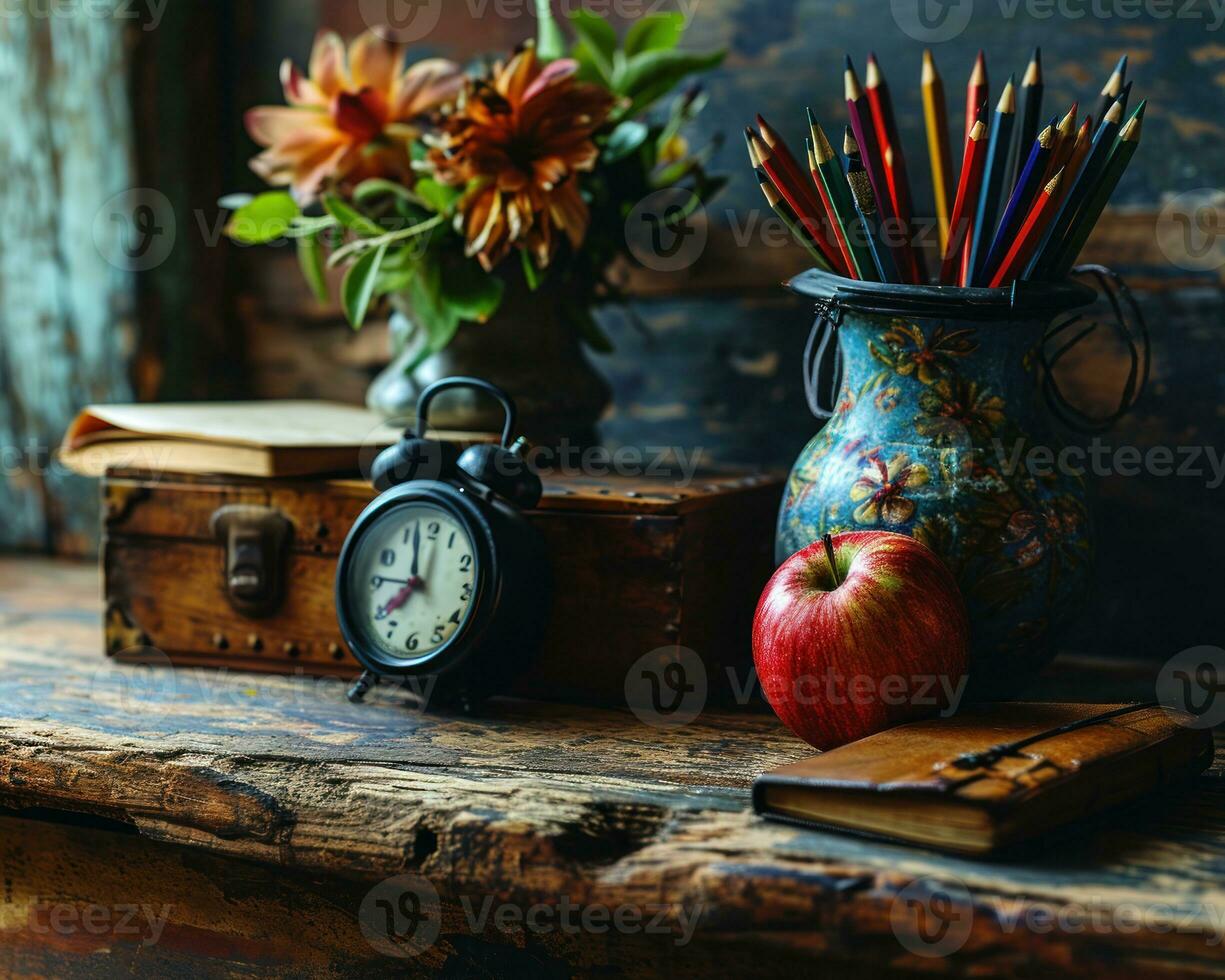 AI generated Blackboard pencils and an alarm clock with a fresh apple, diverse education and teachers day image photo