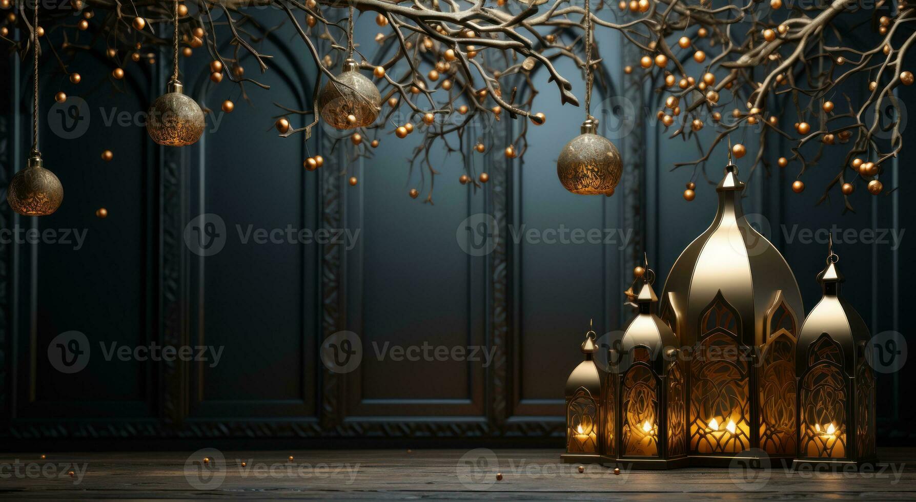 AI generated Exquisite golden arabic lantern hanging in a captivating background, eid and ramadan images photo
