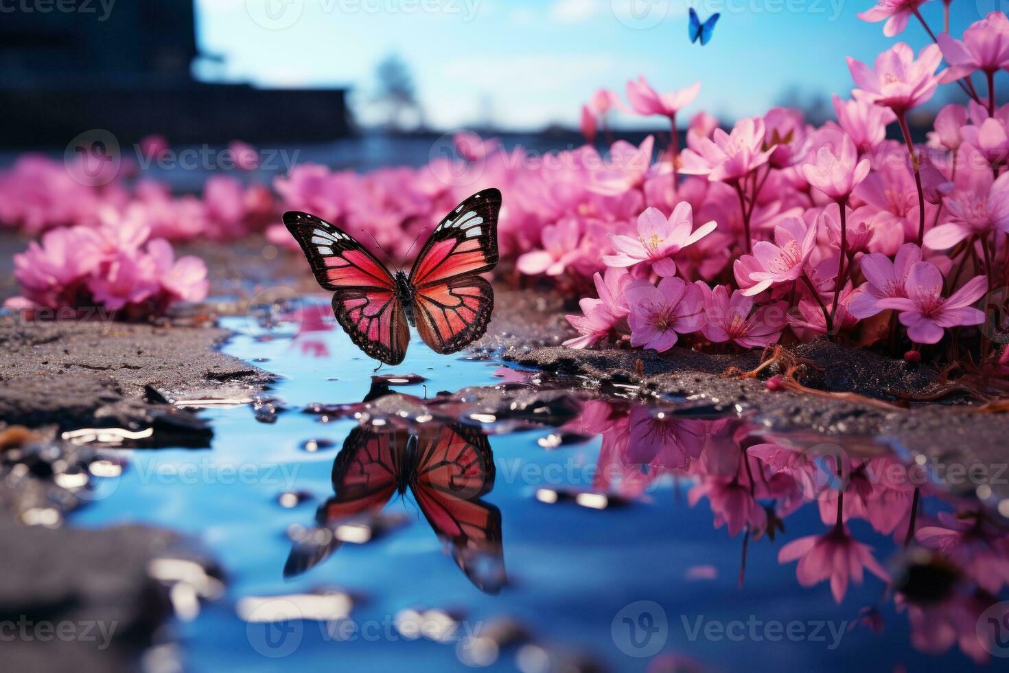 ai generado reflexión mariposas sorbo desde cielo reflejado charco, primavera sesión fotos