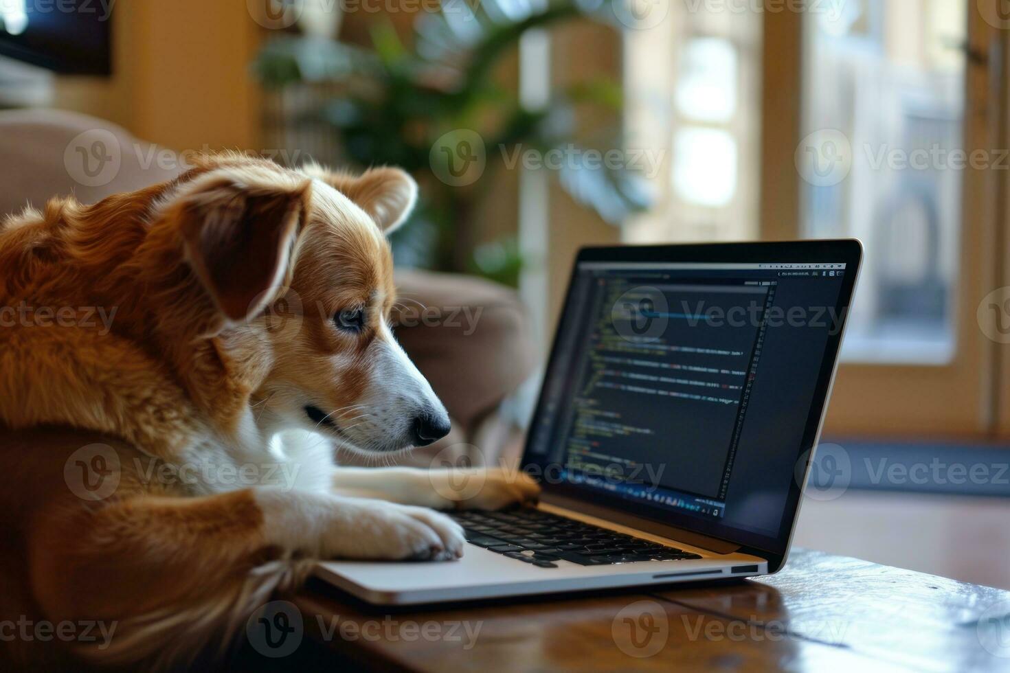 ai generado trabajando perro con ordenador portátil a hogar, mascota fotografía foto