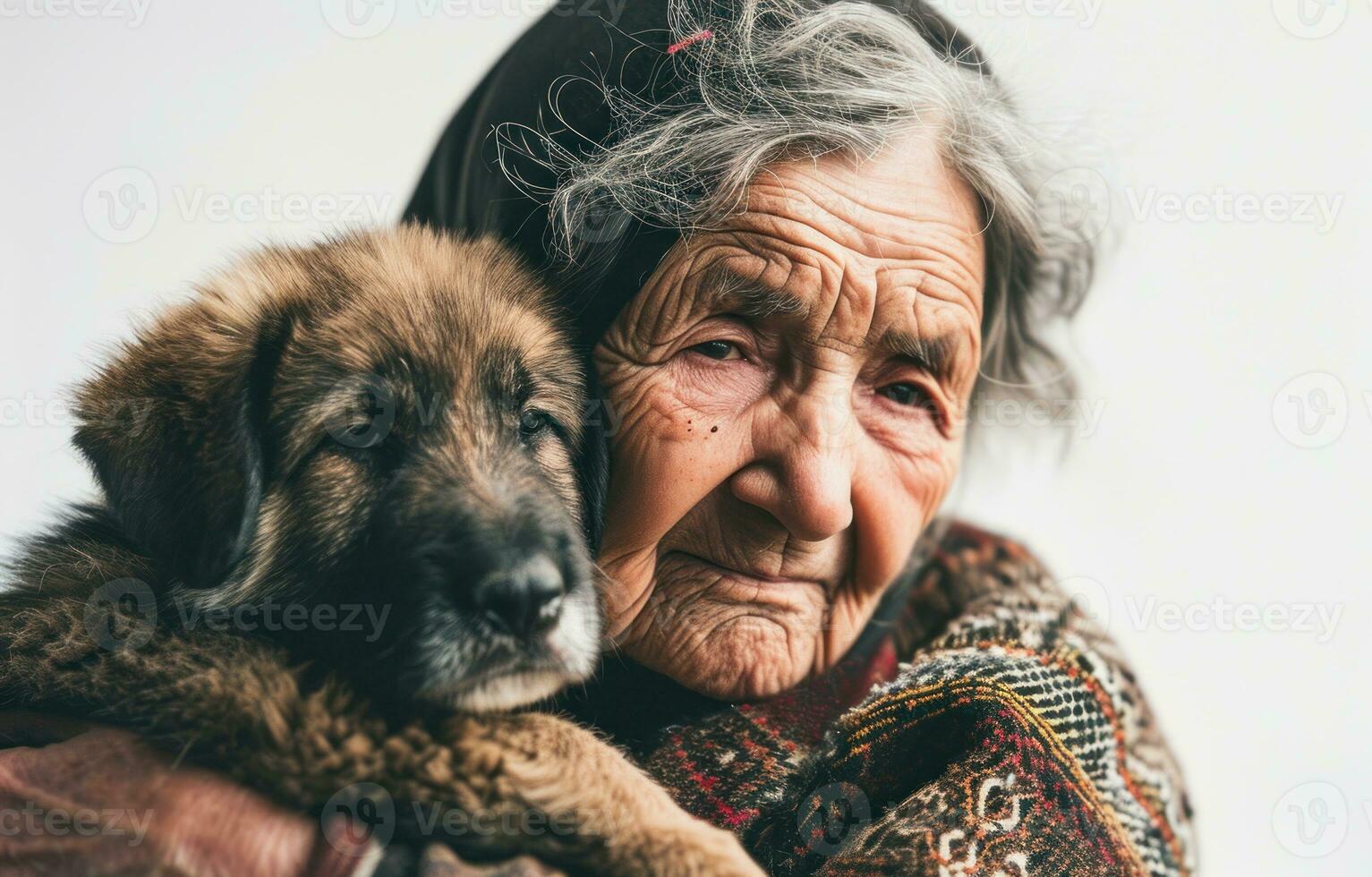 AI generated Elderly woman holds cute puppy against white backdrop, cute domestic pet image photo