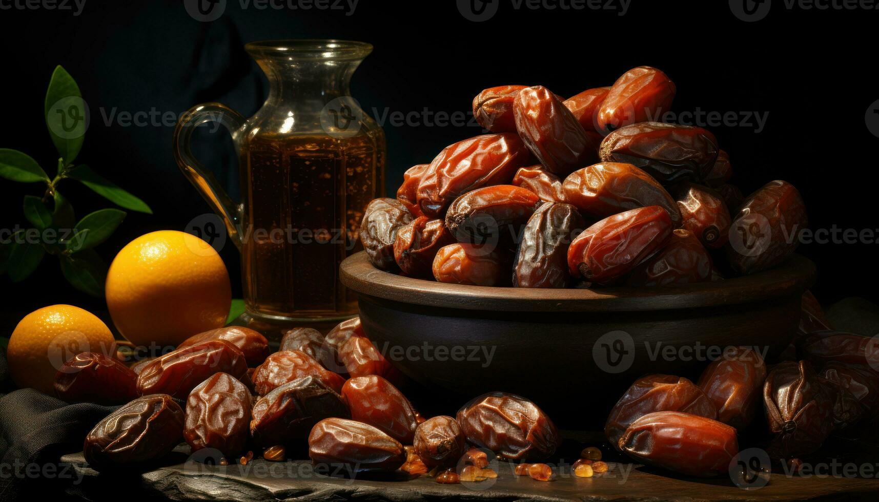 AI generated Dates arranged in an enticing display against a dark background, eid and ramadan images photo