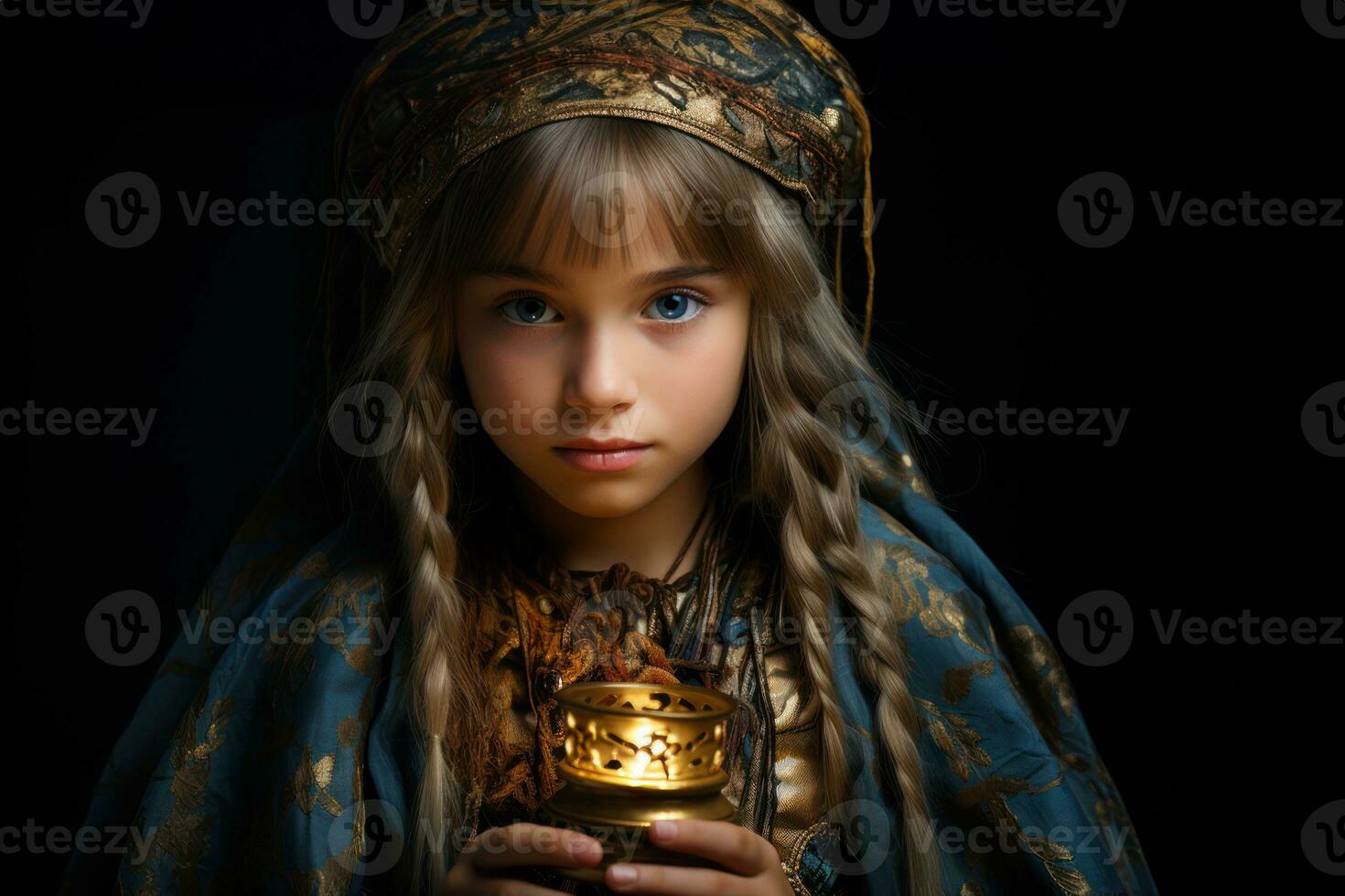 AI generated Young muslim girl holds lantern with soft wonder, eid and ramadan images photo