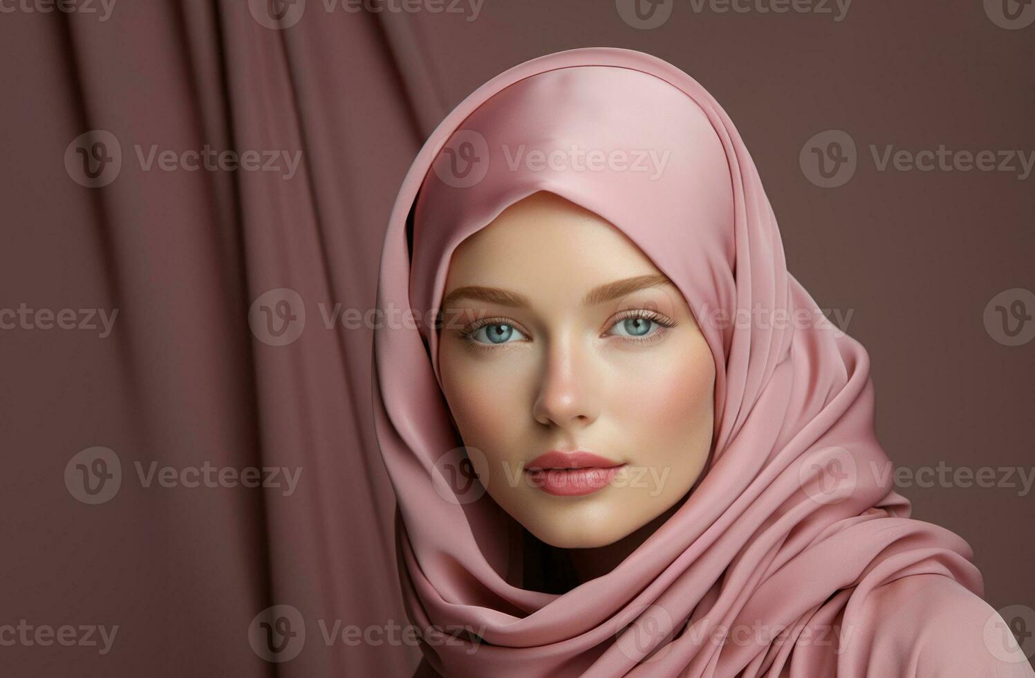 AI generated A young woman donning a pink hijab on a clean white background, eid and ramadan images photo