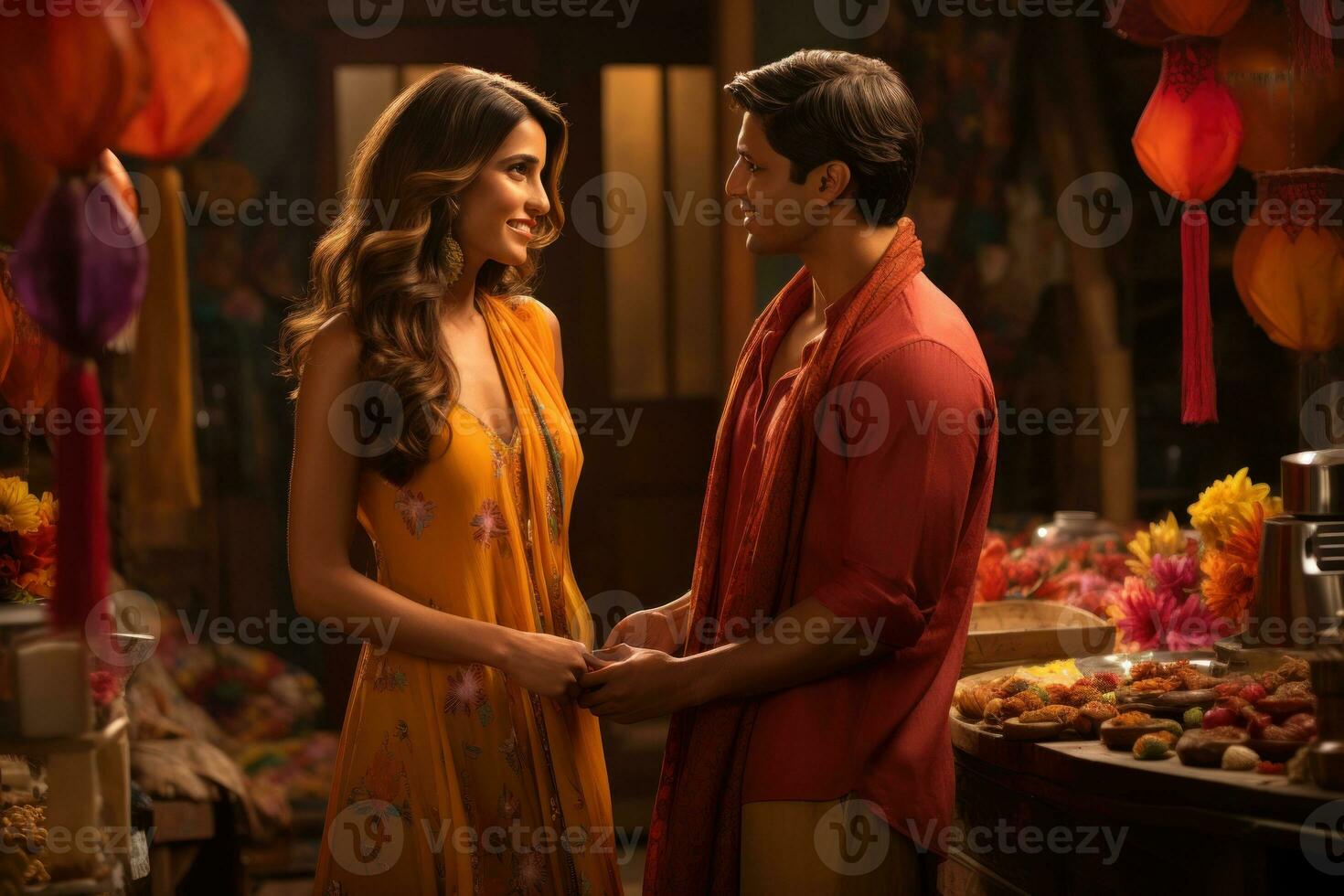 AI generated Vibrant cultural exchange in a bollywood themed dance extravaganza, valentine, dating and love proposal image photo