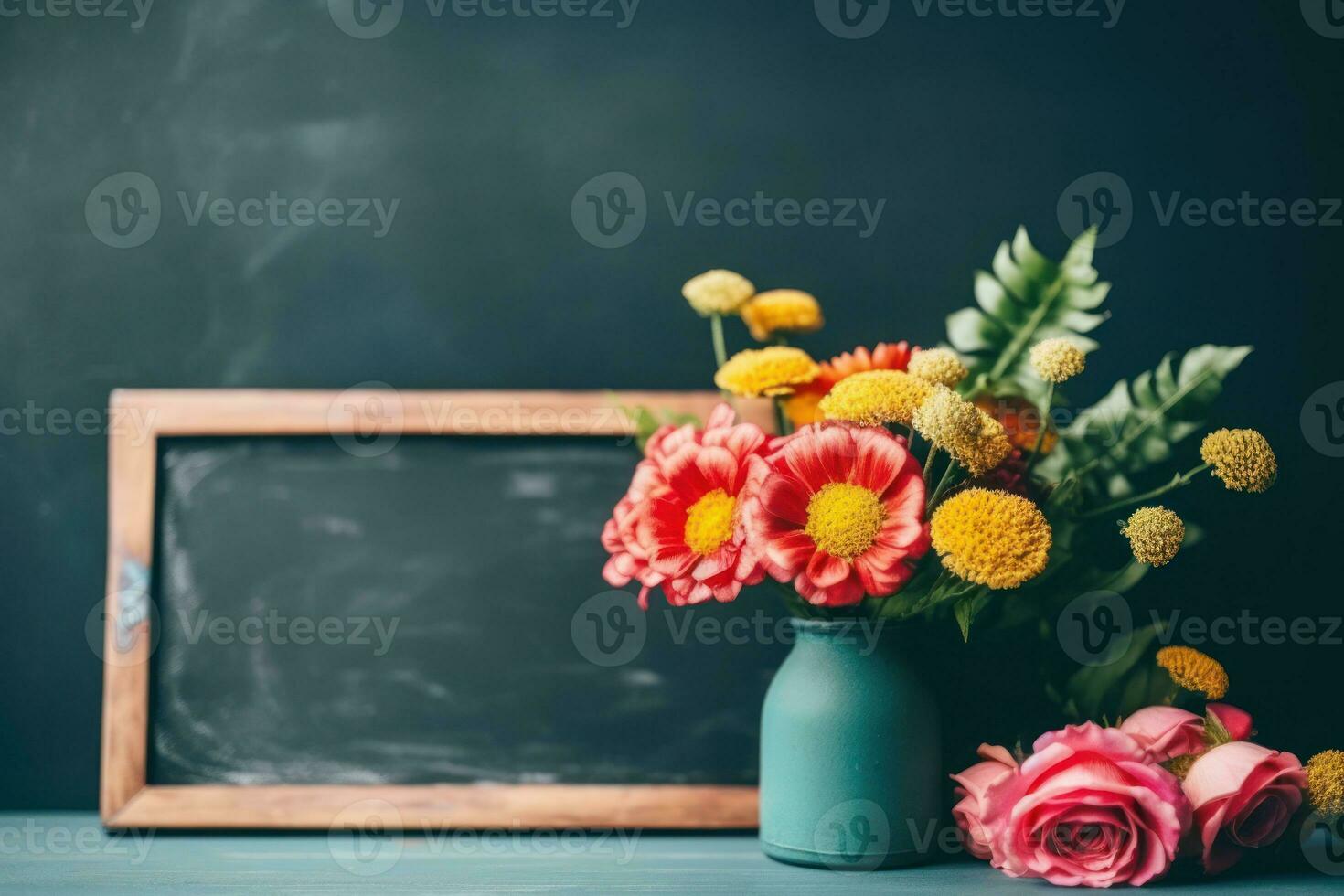 AI generated Close up with a green chalkboard adorned with vibrant and colorful flowers, educational photo