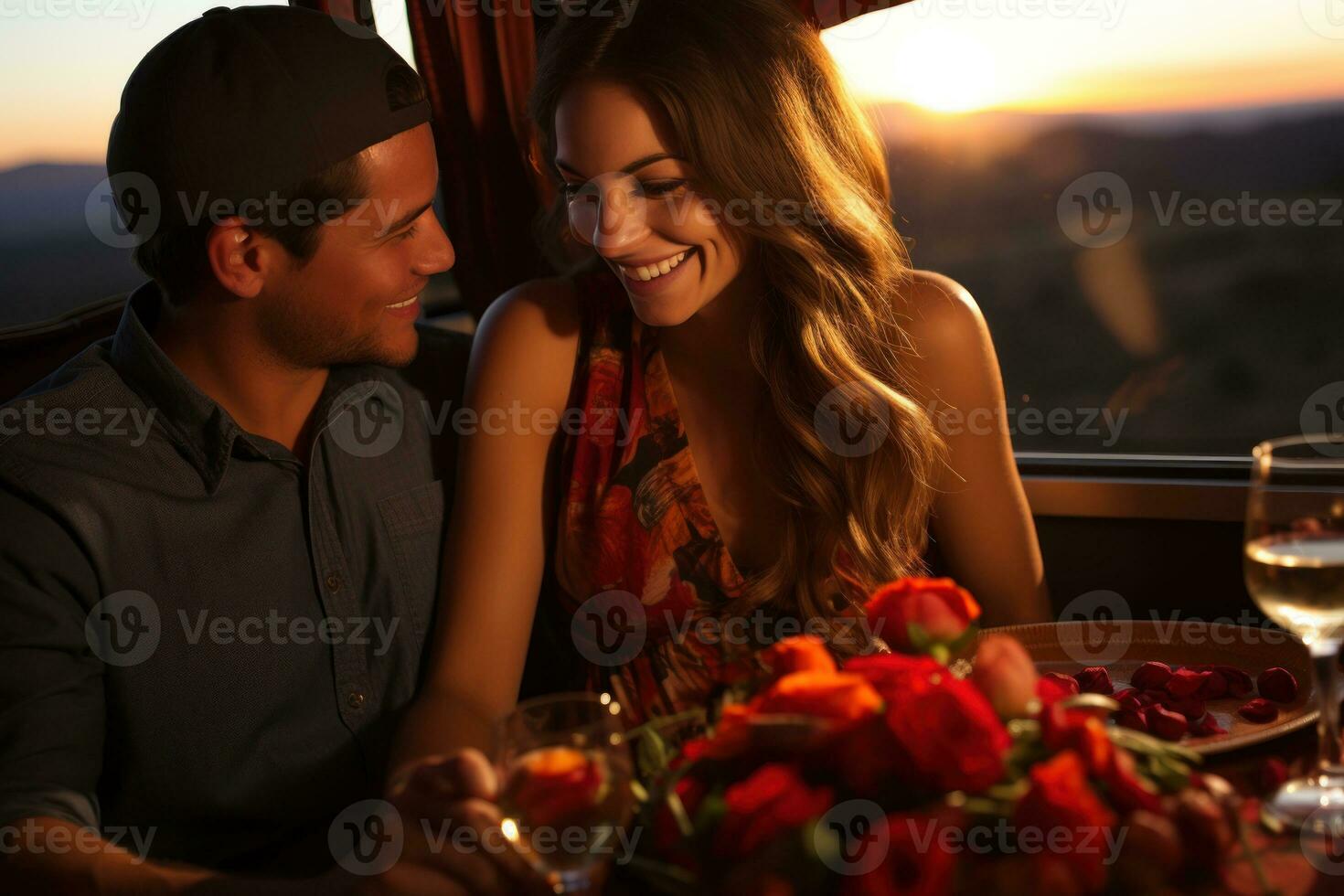 AI generated Couple scenic dinner soaring in a hot air balloon, valentine, dating and love proposal image photo