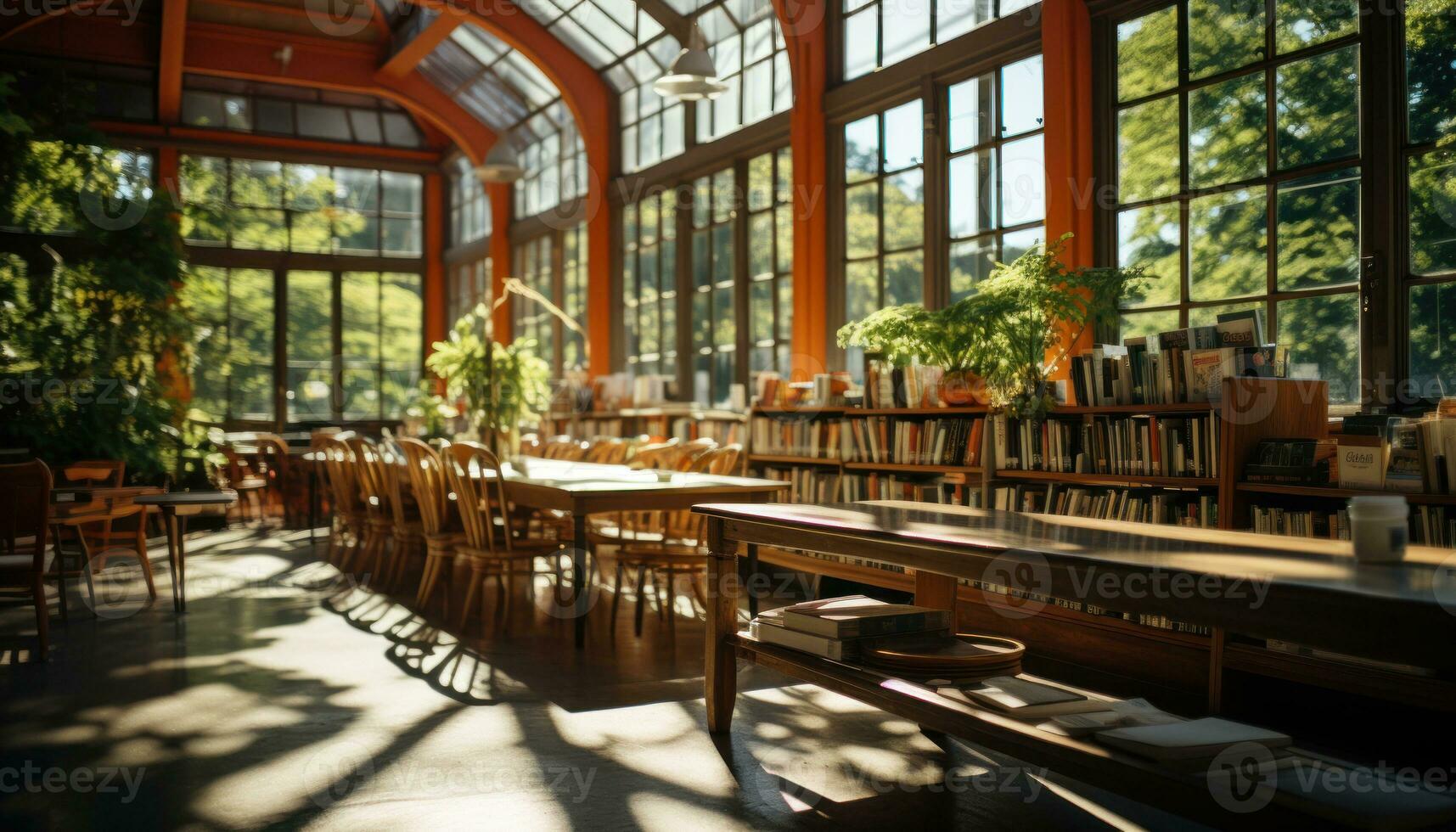 AI generated Books and sunshine in a tranquil library setting, education pictures for website photo