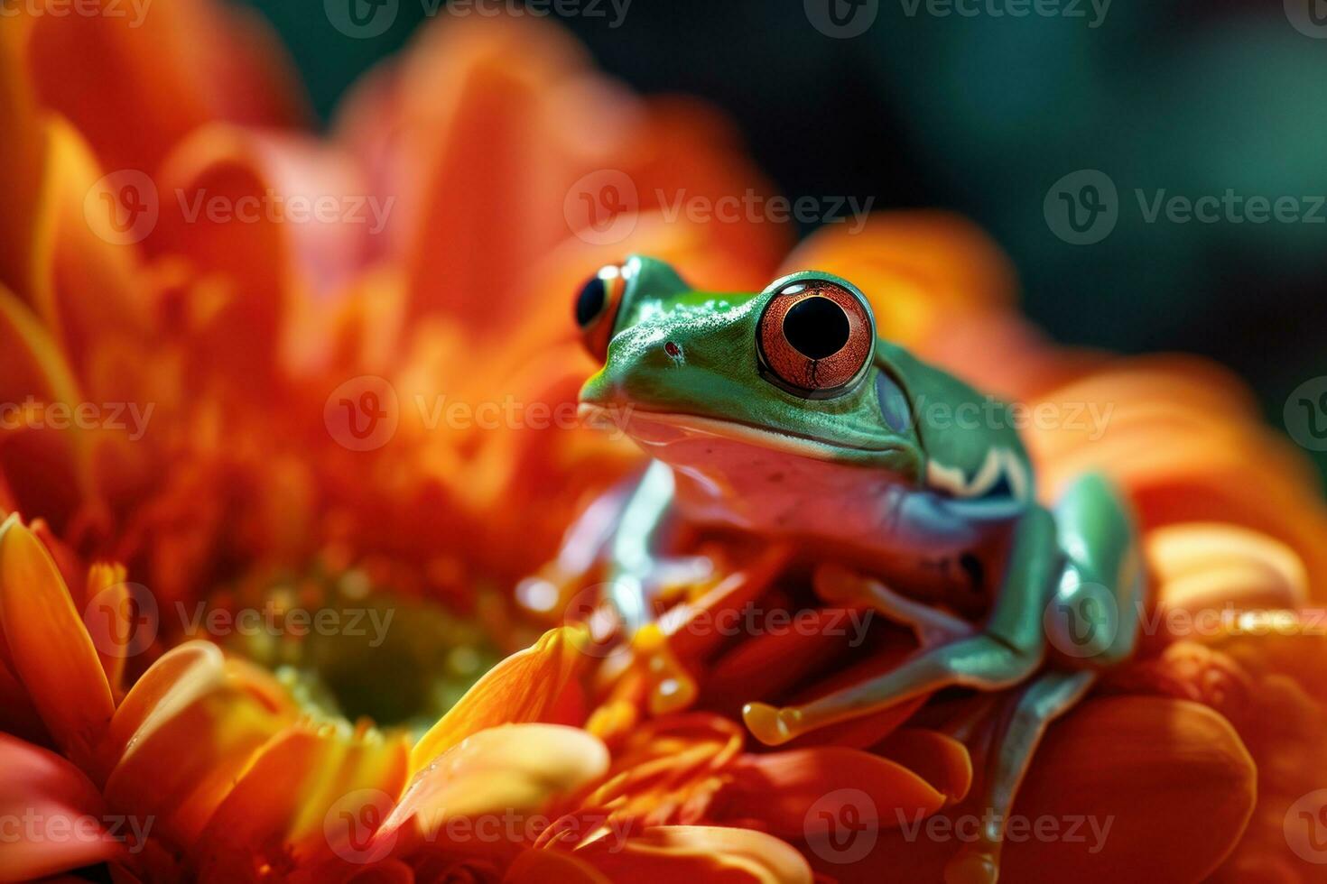 ai generado un linda verde rana sentado en flor, mascota fotografía foto